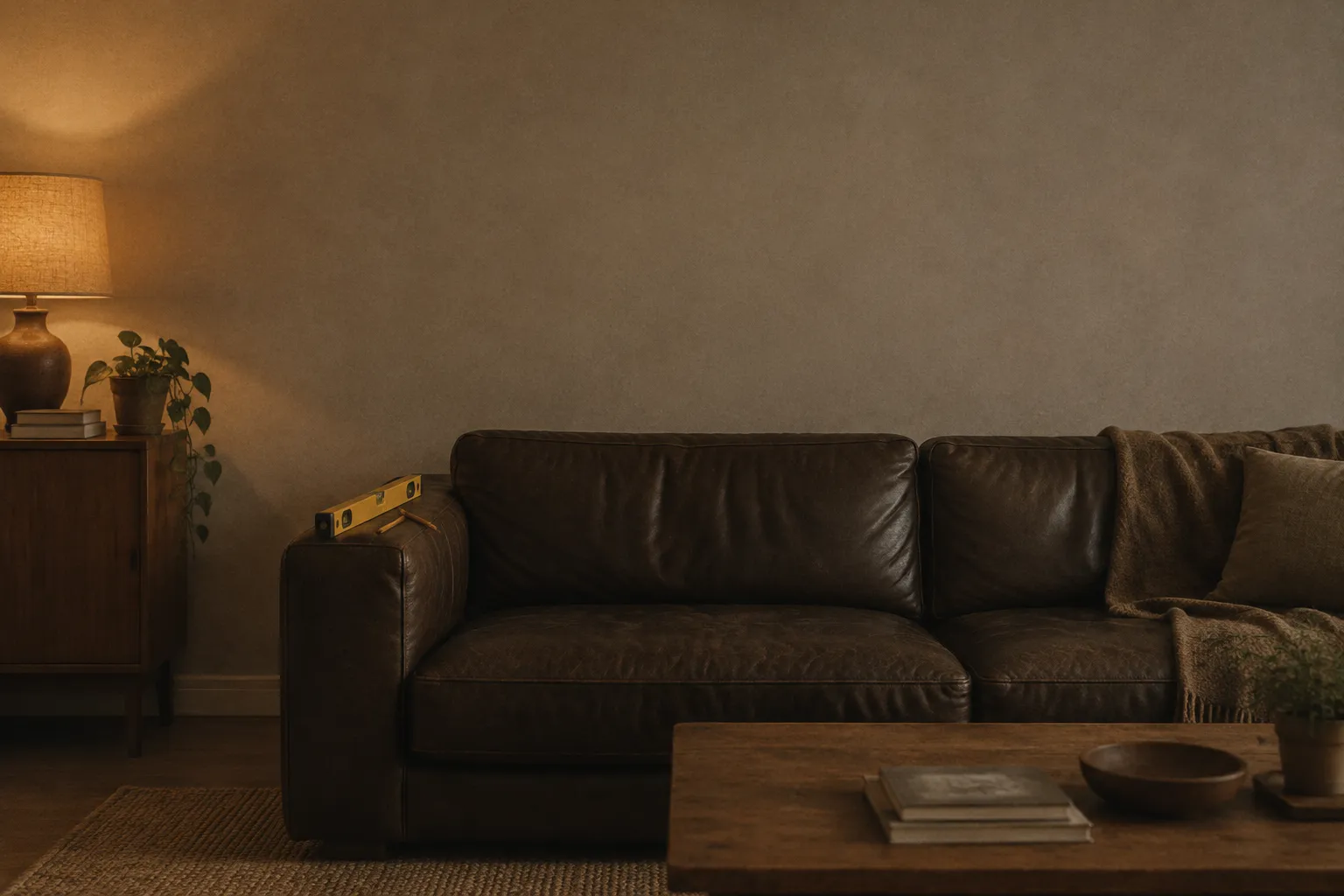 A bare wall above a low leather sofa, with a spirit level and a pencil resting on the sofa arm.