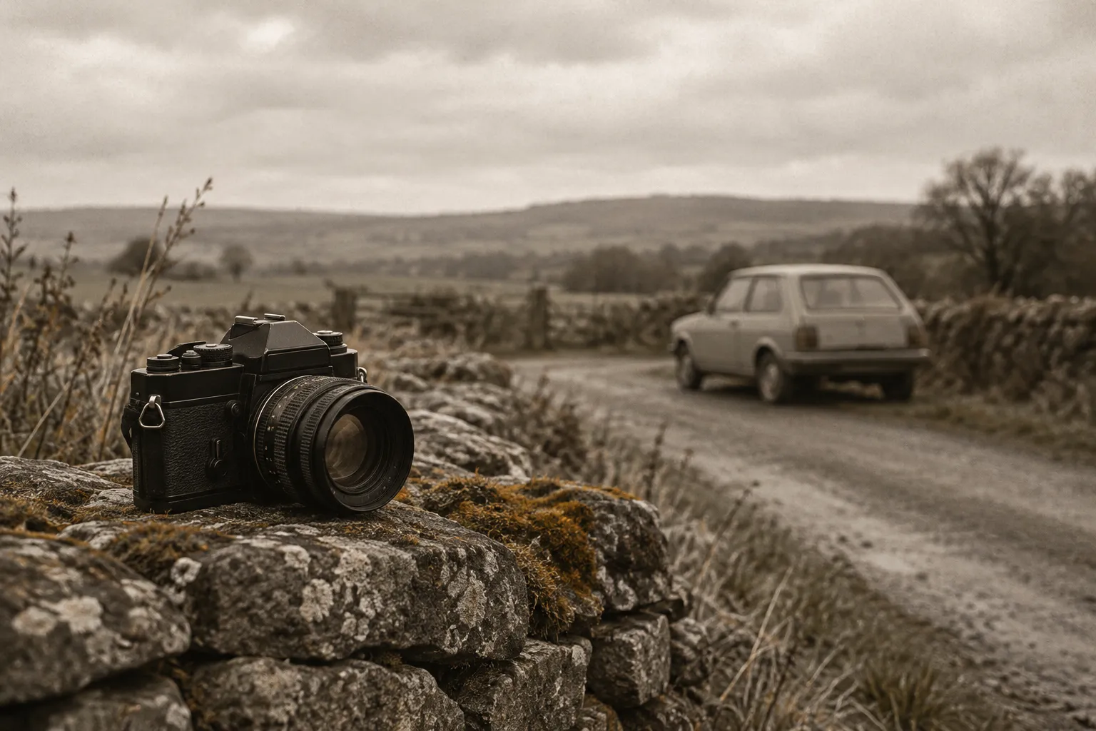 An old film camera on a dry-stone wall, a small parked car soft in the background.