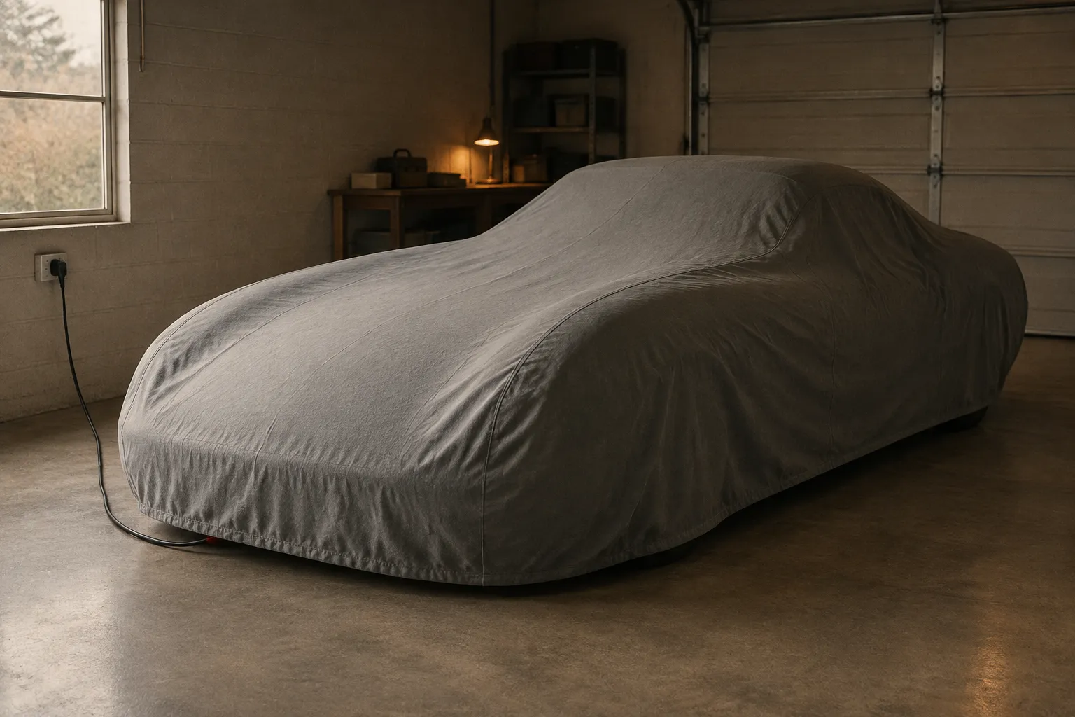 A classic car under a fitted grey cover in a dry garage, a charger lead running under the cover.