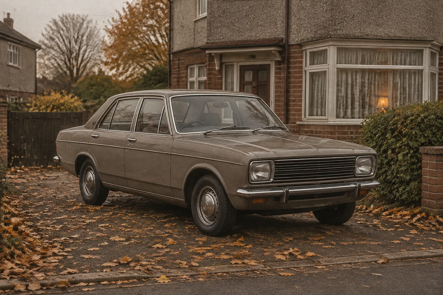 An early-1970s style family saloon on a suburban drive among autumn leaves.