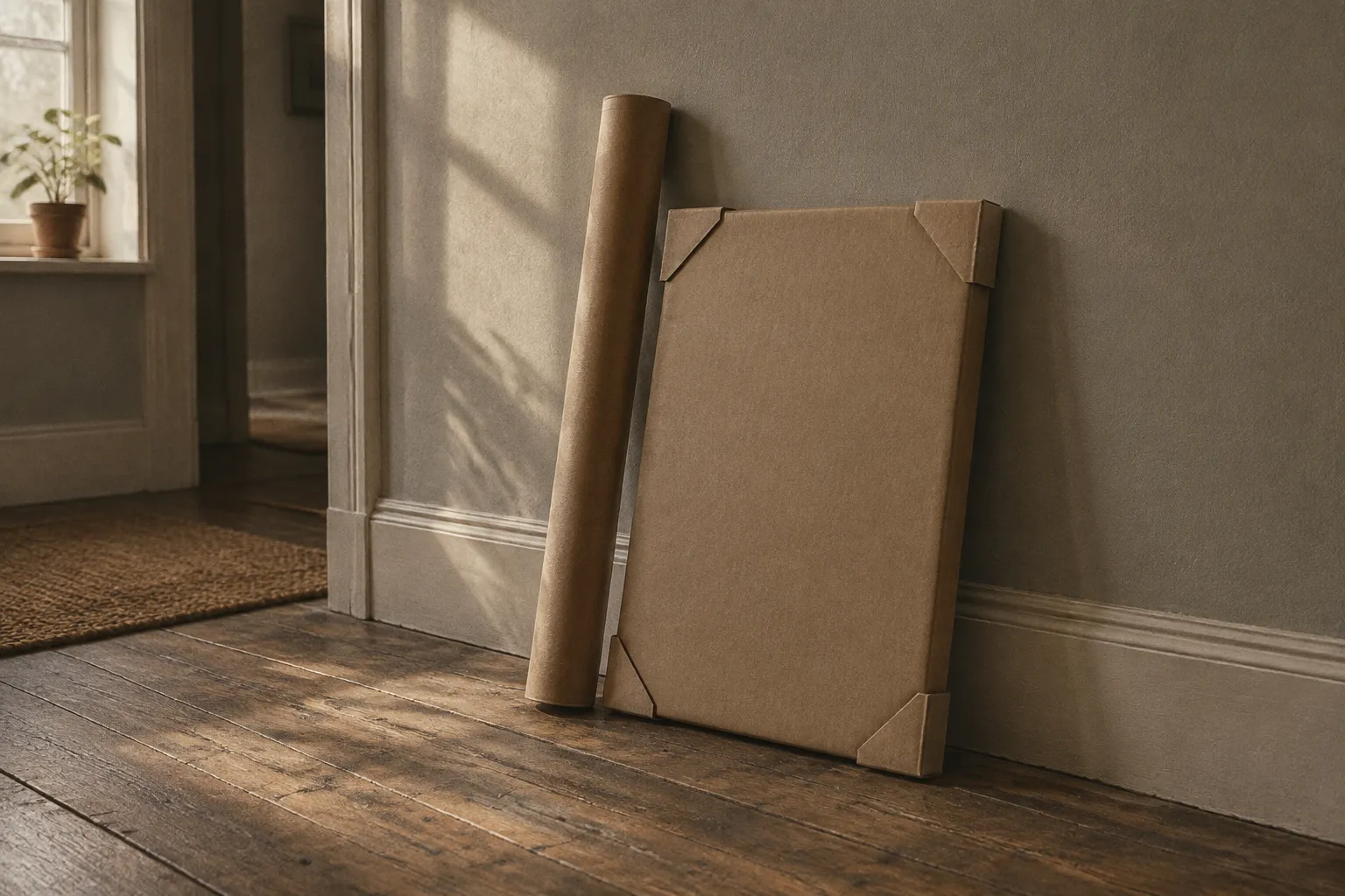 A cardboard postal tube and a flat parcel with corner protectors leaning against a hallway wall.