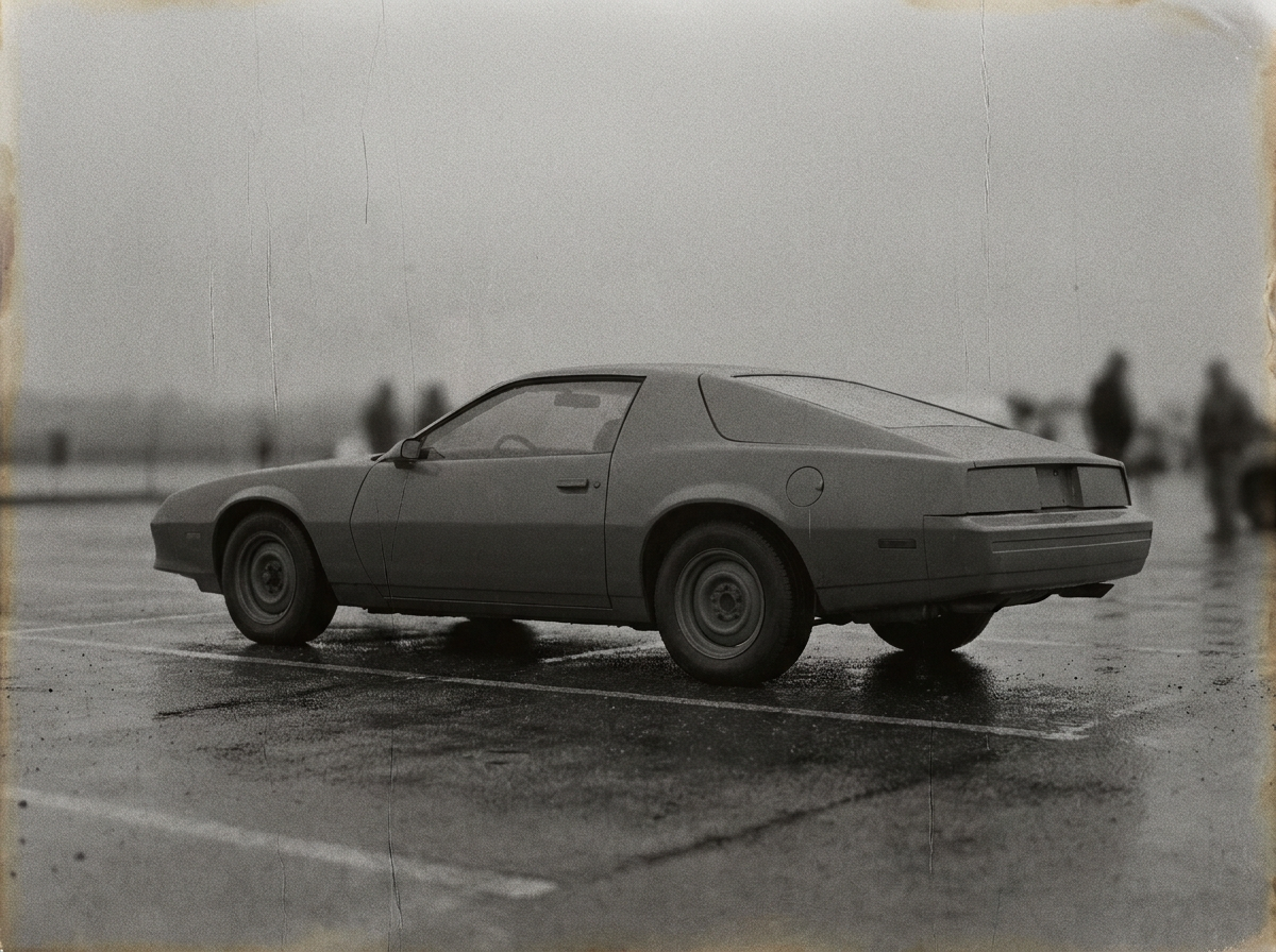An unbadged coupe seen from the rear three-quarter angle in a grainy monochrome illustration