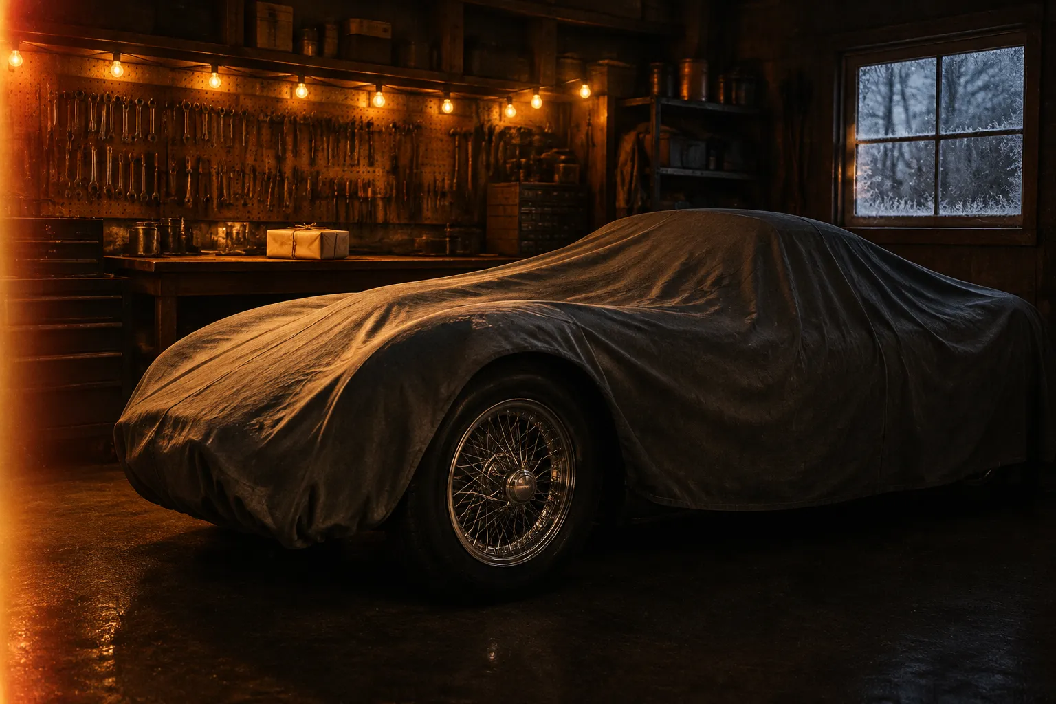 A classic car under a dust sheet in a home garage at Christmas, festoon lights over the workbench and a parcel on the bench.
