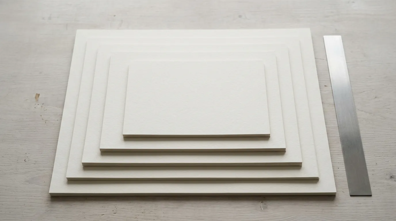 Five blank sheets of off-white archival paper stacked largest to smallest, each size stepping out beyond the one above.
