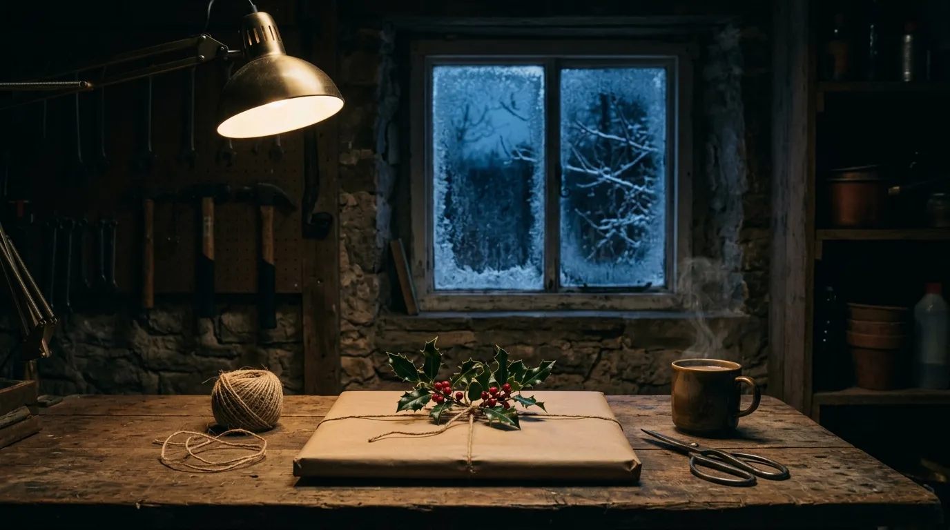 A plain brown-paper parcel with a sprig of holly on a garage bench, a frosted window dark blue behind it.