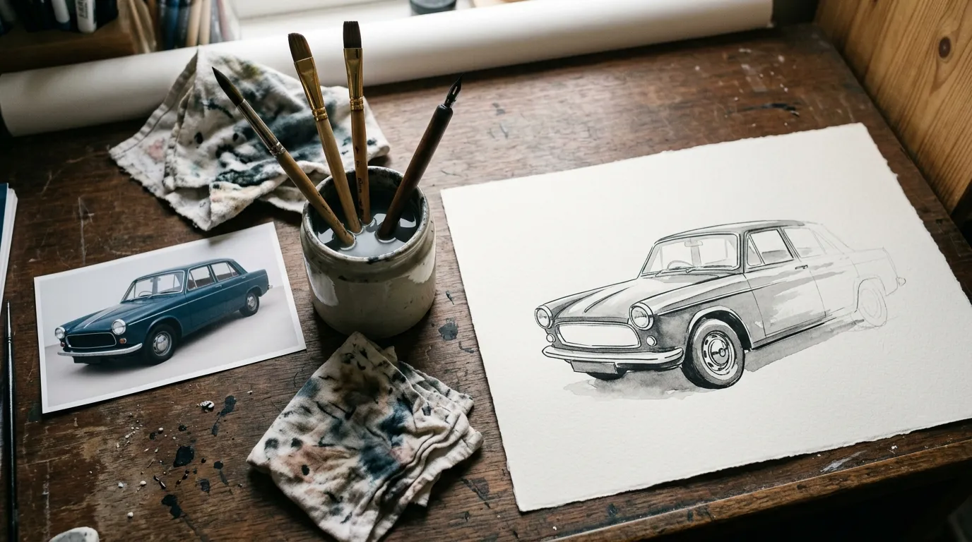 A photograph of a plain car beside a half-finished ink and wash drawing of the same car on an illustrator’s desk.