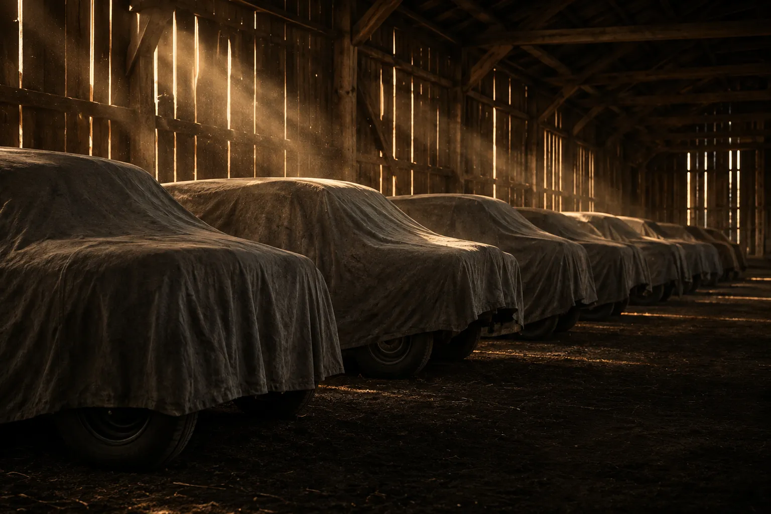 A row of old cars under grey dust sheets in a long timber barn, low sun through the boards.