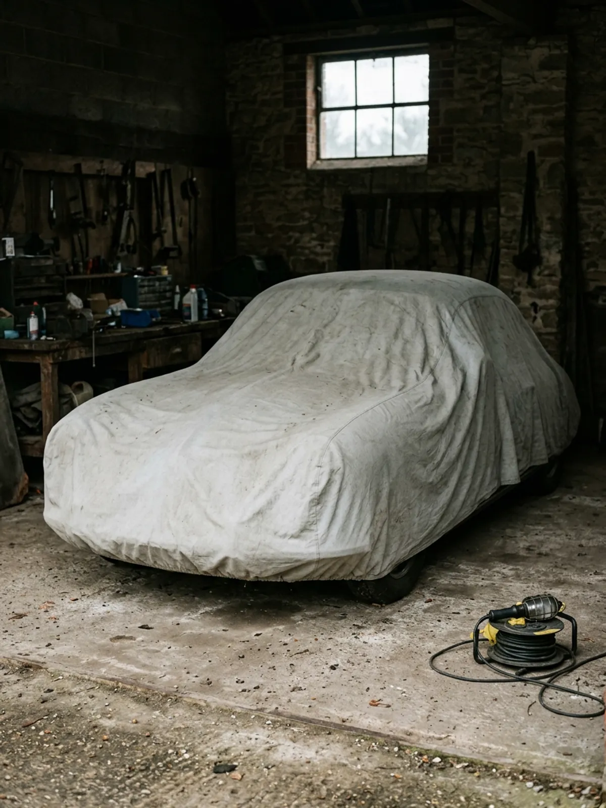 A framed car print on a garage wall beside a workbench