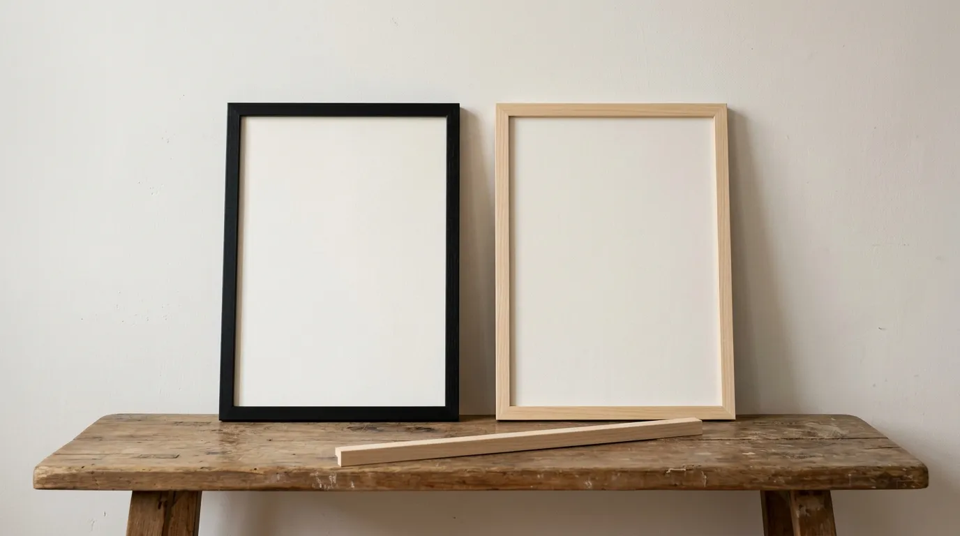 Two empty frames, one black and one natural wood, each holding a blank sheet that runs edge to edge with no mount.