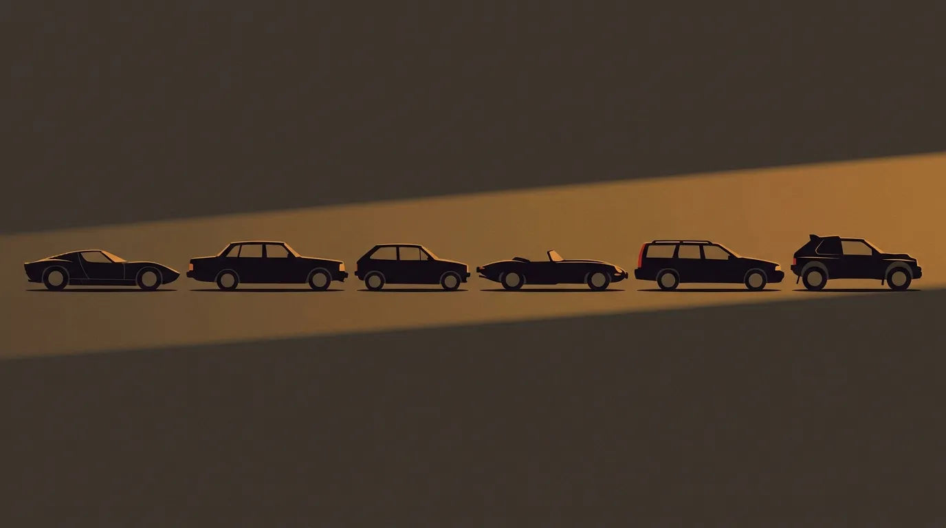 Six kinds of car drawn as flat black silhouettes in a row: a mid-engined two-seater, a saloon, a hatchback, a roadster, an estate and a rally car.