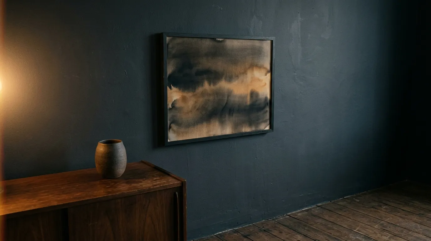 A slim black frame on a dark wall holding a soft amber and sepia wash edge to edge, above the corner of a dark sideboard.