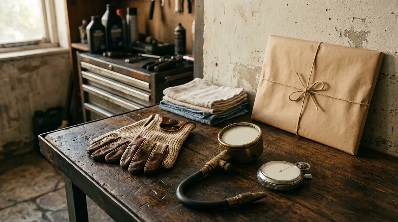 Driving gloves, a brass pressure gauge, a stopwatch and a plain brown-paper parcel at the end of a garage bench.