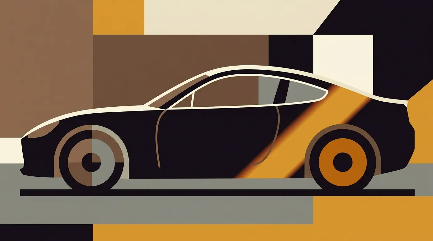 A flat graphic side view of an invented low sports car in near-black with an amber light-leak stripe across it.