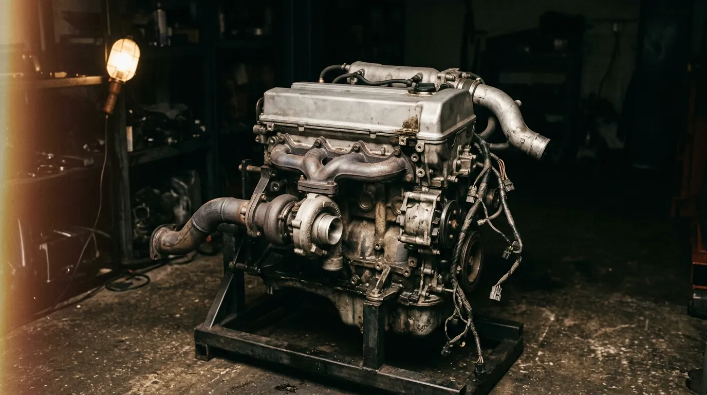 A bare turbocharged four-cylinder engine on a workshop stand under a single work lamp, its turbo and manifold exposed.