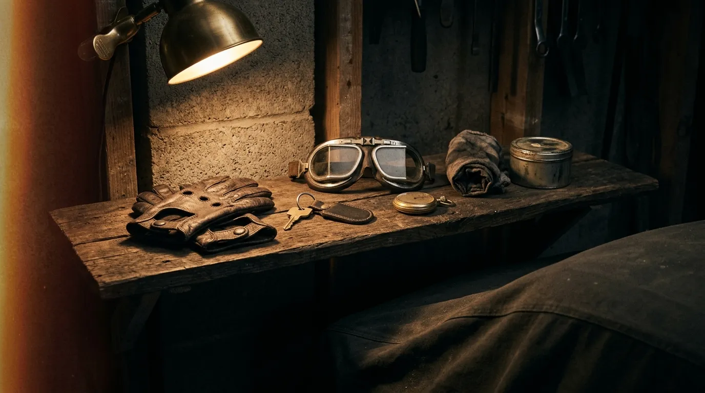 A garage shelf under a brass lamp holding folded leather driving gloves, a key on a leather fob, old driving goggles, a small brass watch, a rolled rag and a tin, with a dust sheet over something car-shaped below.