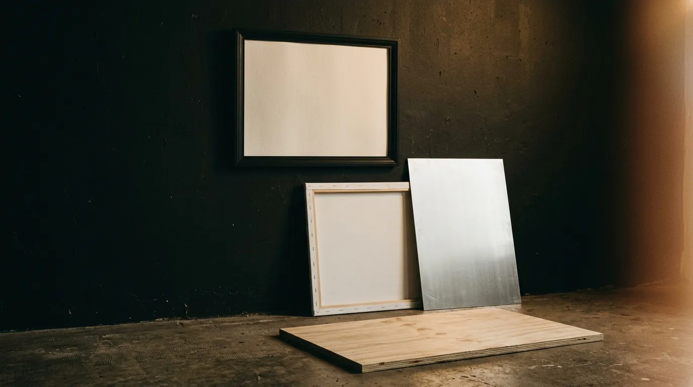 A black frame on a dark wall holding a blank sheet edge to edge, with a bare stretched canvas, an aluminium panel and a plywood sheet below it.