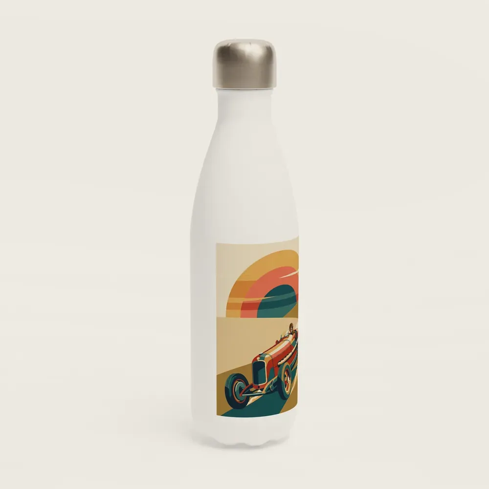Product picture: Apex at Dawn, a vintage racing car below a banded sunset, printed on a panel on the front of a white stainless steel bottle