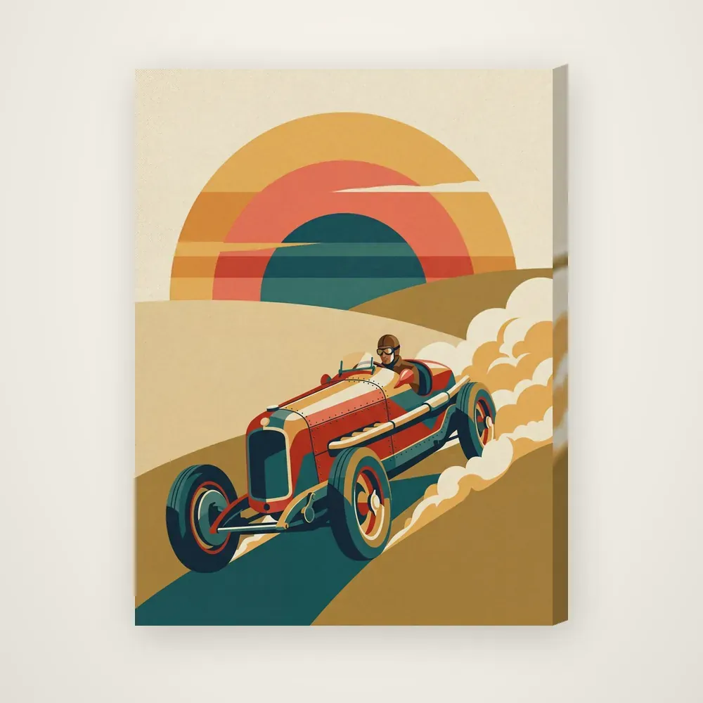 Product picture: Apex at Dawn, a vintage racing car below a banded sunset, on a stretched canvas, seen at an angle