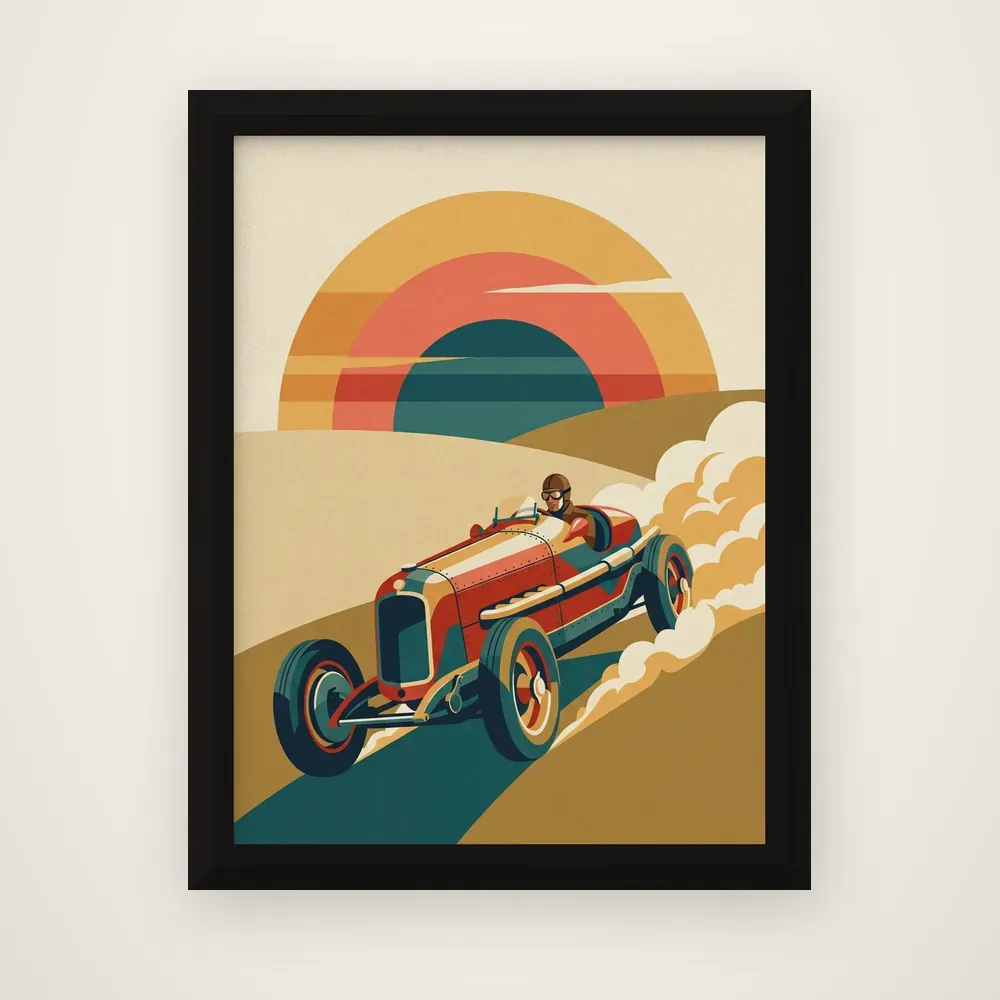 Product picture: Apex at Dawn, a vintage racing car below a banded sunset, on a canvas set inside a black frame