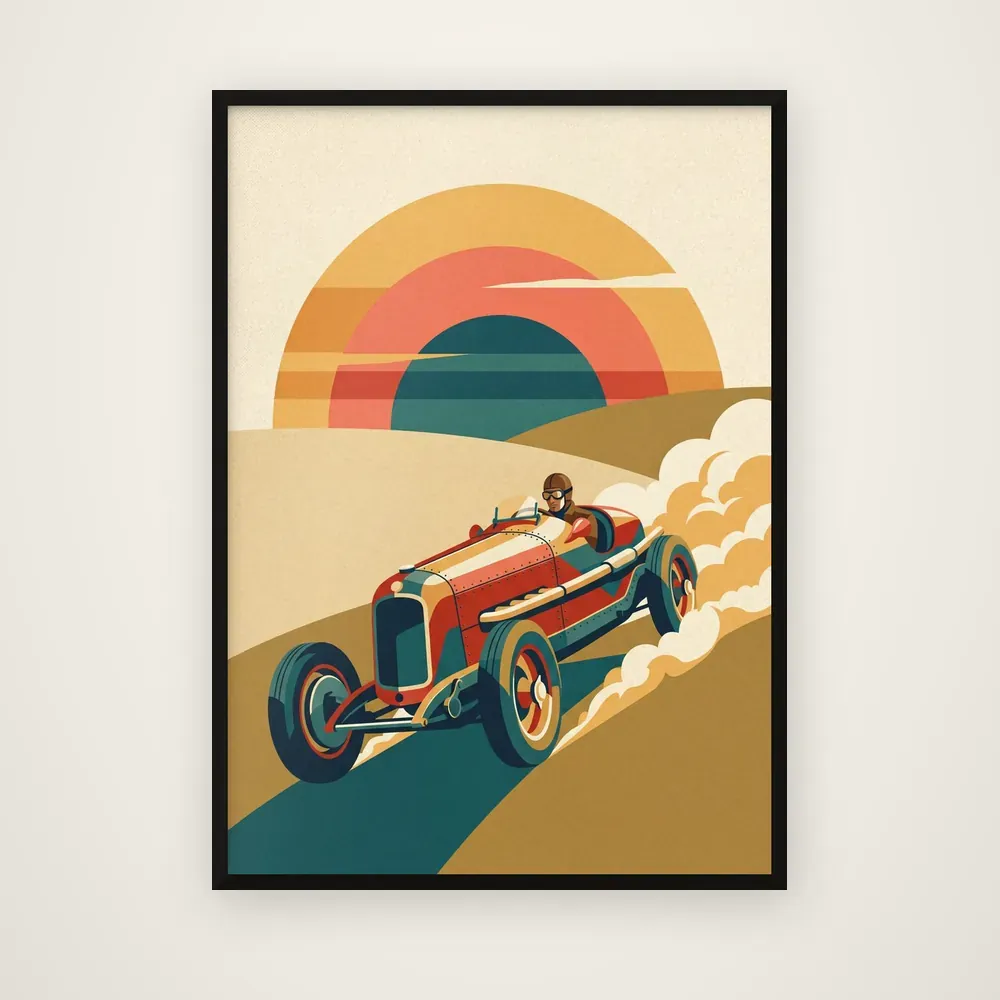 Product picture: Apex at Dawn, a vintage racing car below a banded sunset, printed and framed in a black frame