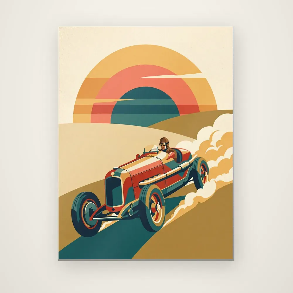 Product picture: Apex at Dawn, a vintage racing car below a banded sunset, printed edge to edge on a frameless metal panel