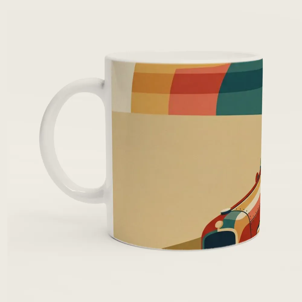 Product picture: Apex at Dawn, a vintage racing car below a banded sunset, printed round the body of a white ceramic mug
