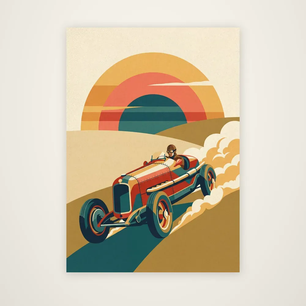 Product picture: Apex at Dawn, a vintage racing car below a banded sunset, on an unframed paper print