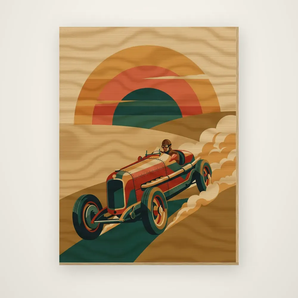 Product picture: Apex at Dawn, a vintage racing car below a banded sunset, printed on a frameless wood panel