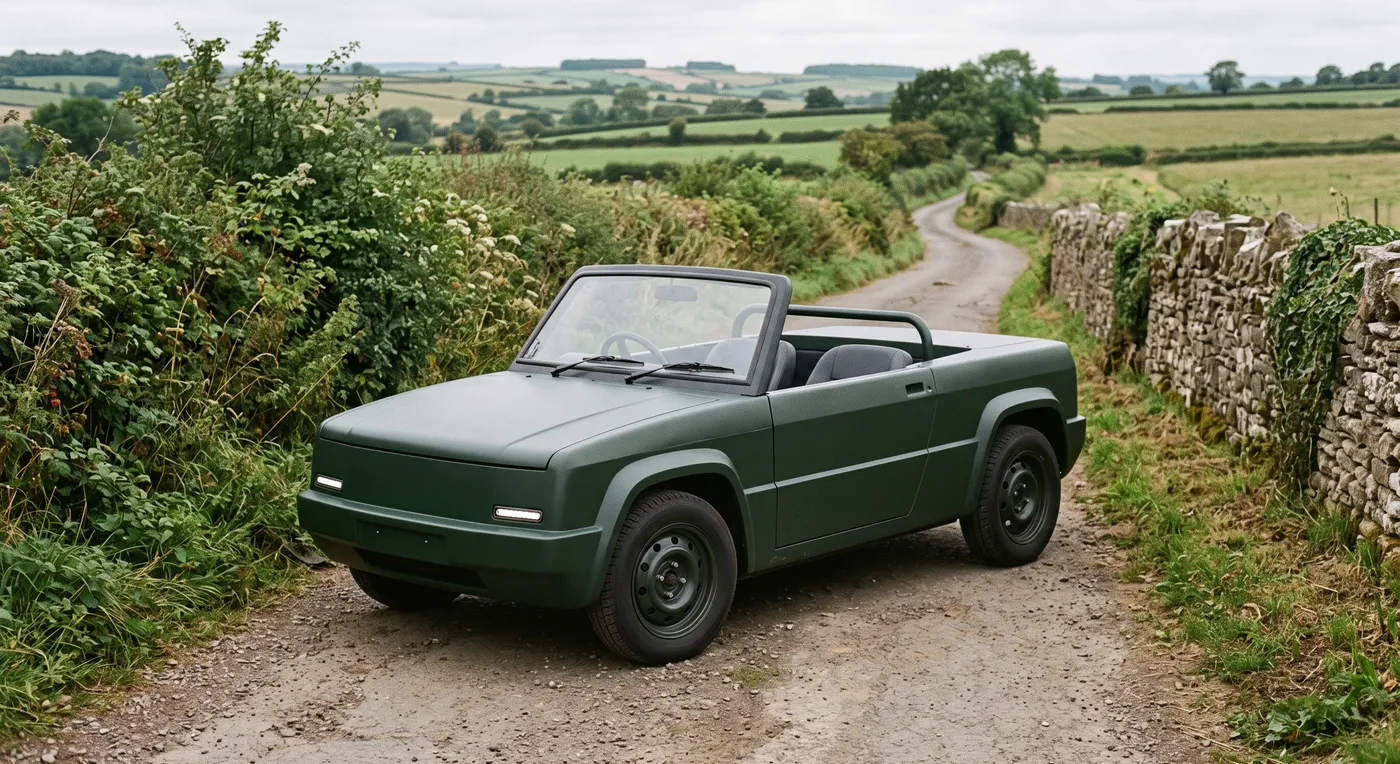 Example source image of an unbadged green roadster on a country lane