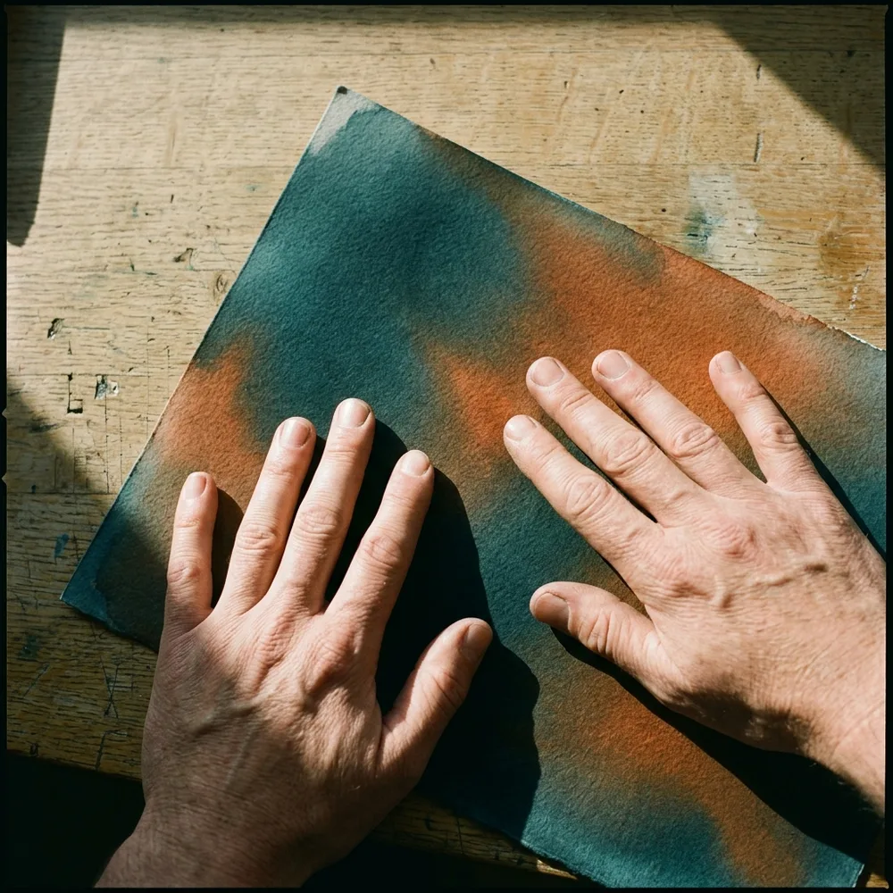 A pair of hands smoothing a print on a table