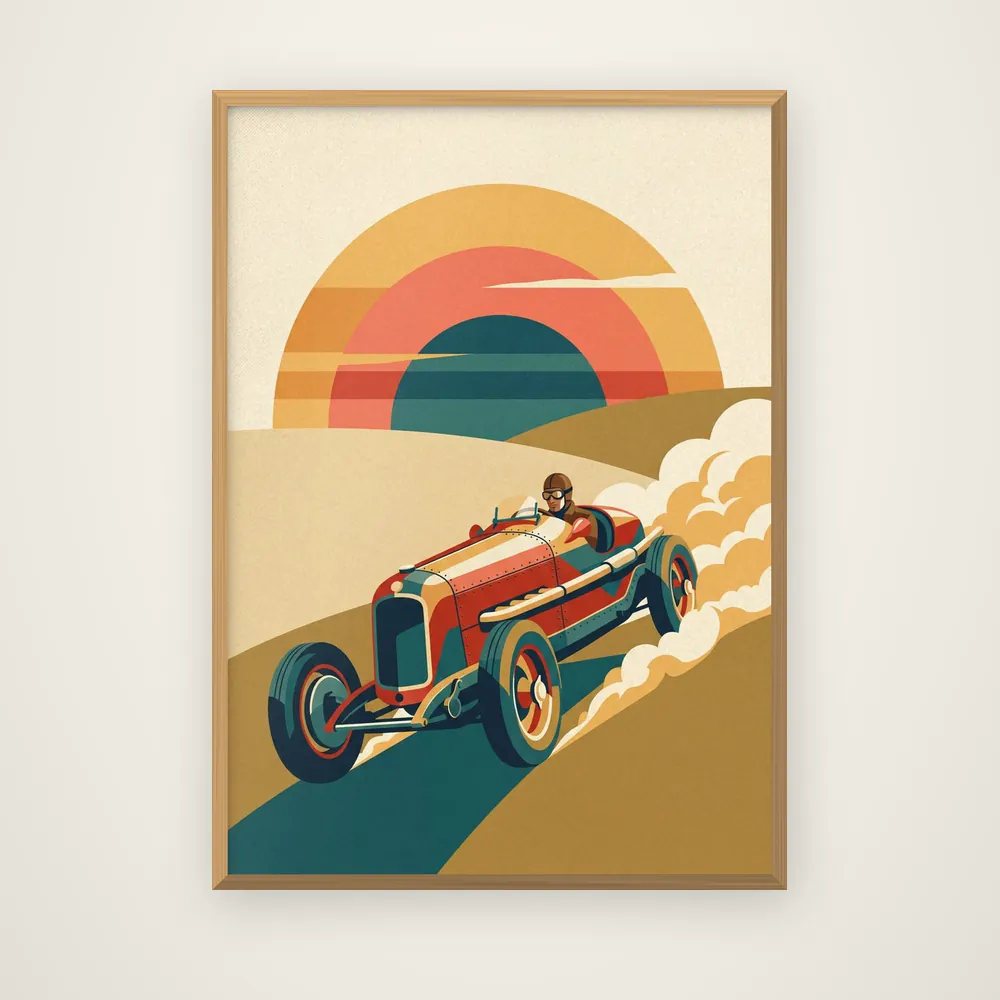 Apex at Dawn in natural wood, a 1930s open-wheel racer cresting a hill at sunrise.