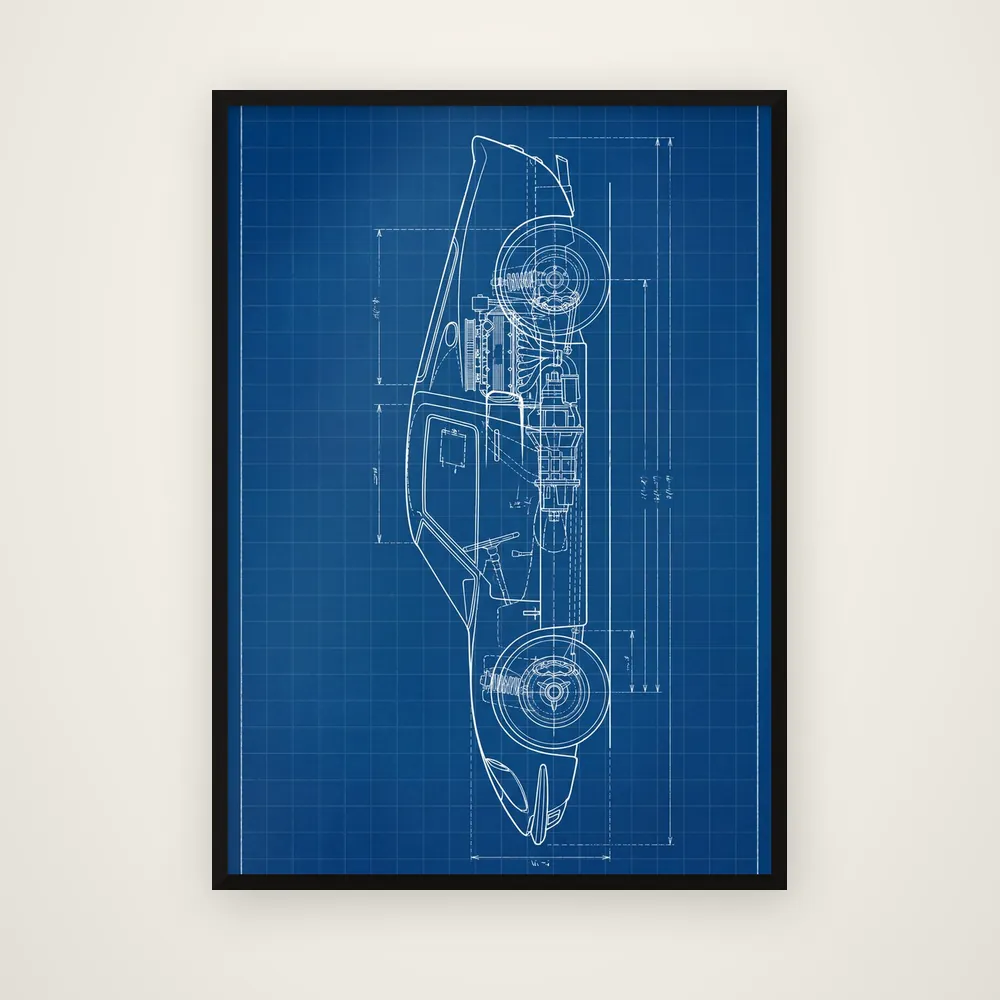 Rear-Engine Study in a black frame, white cutaway linework on deep blue.