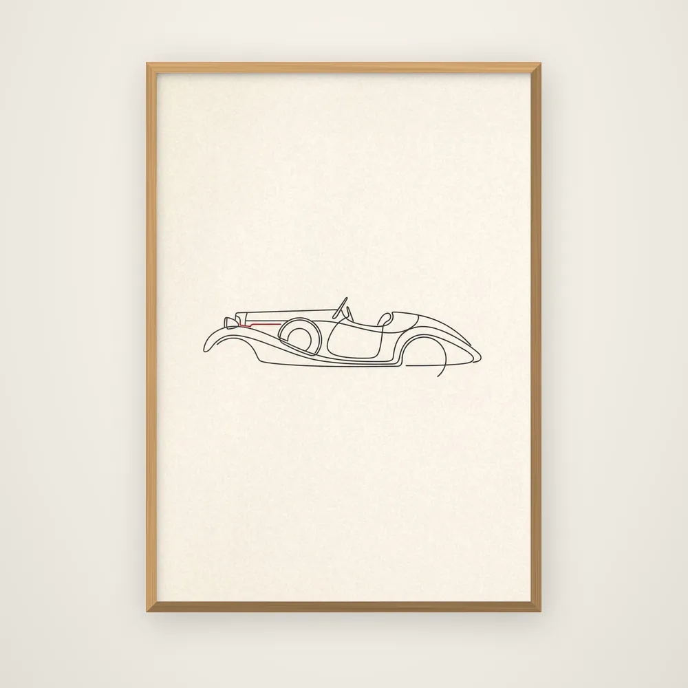 1930: The Roadster, one continuous line on cream paper, in the natural wood frame.