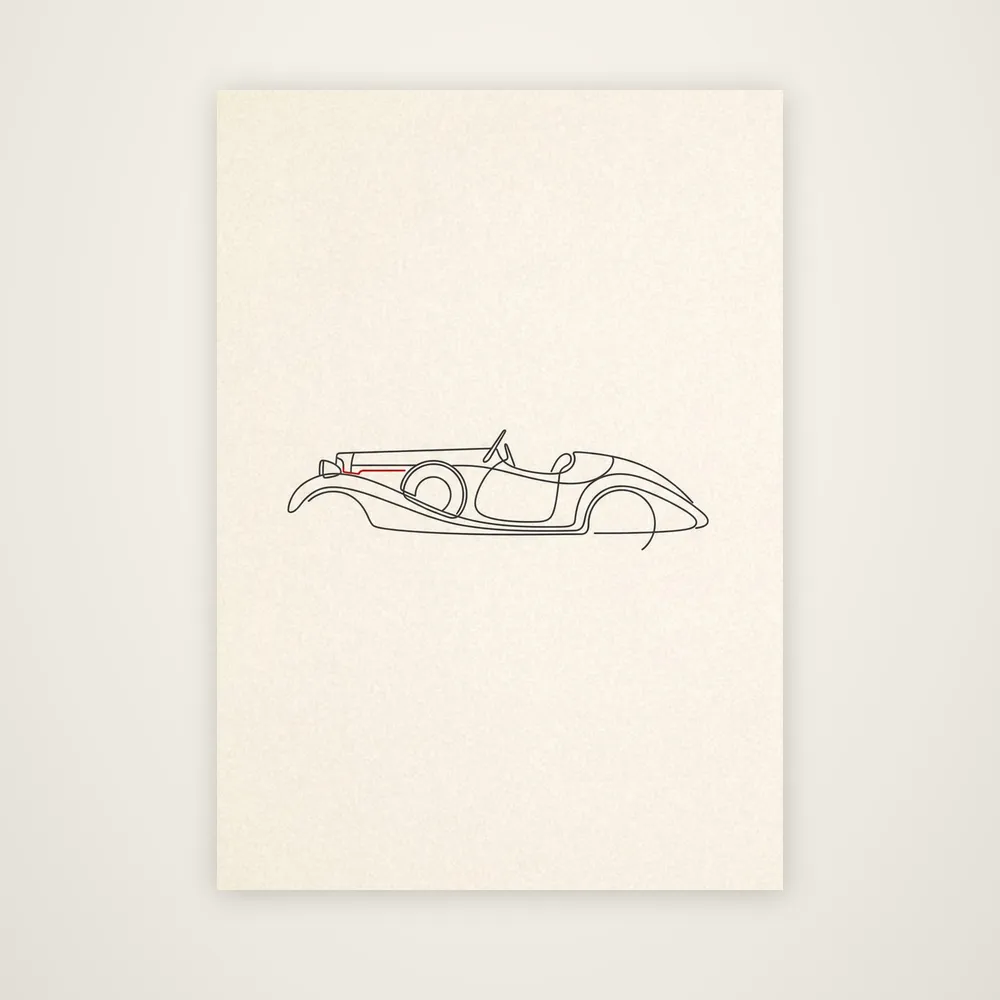 1930: The Roadster, a roadster drawn as one continuous line on cream paper.