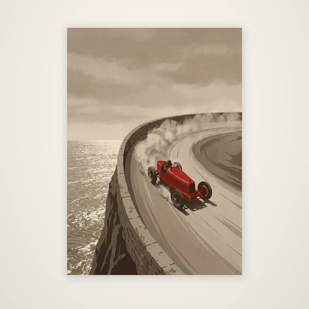 The Hairpin, a vintage racer mid-drift on a cliffside bend above the sea.