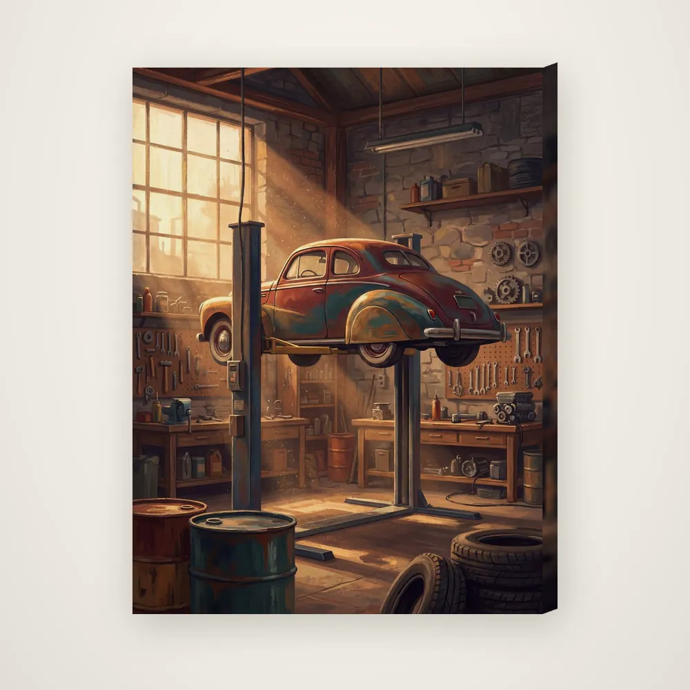 The Workshop as a stretched canvas, warm light falling across the lift and the tools.