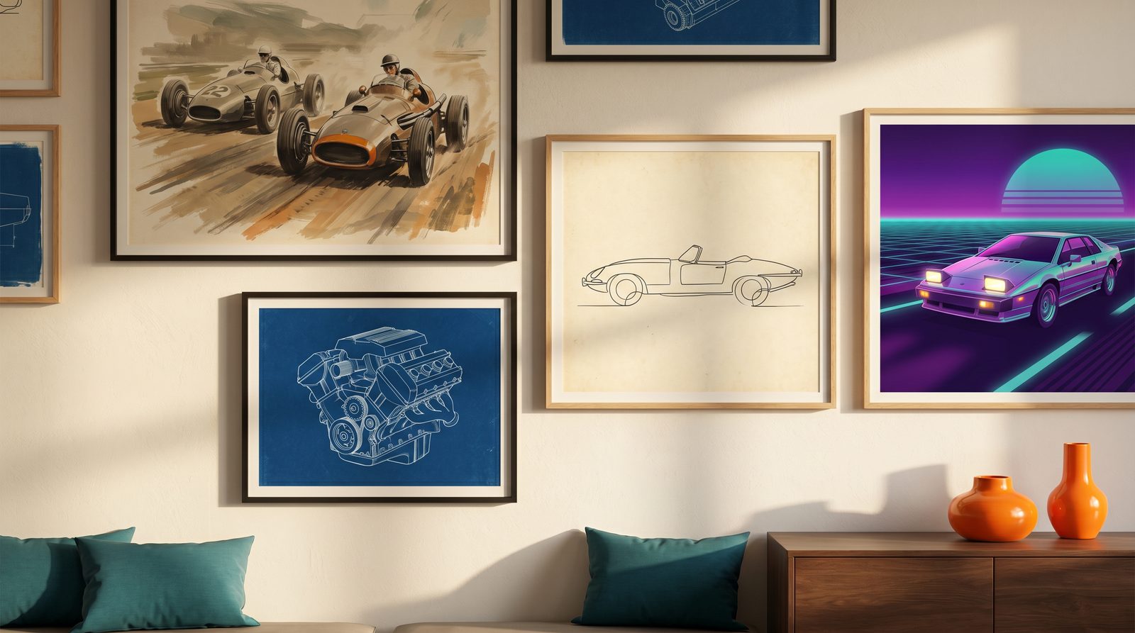 A gallery wall of original car prints - vintage racing, an engine blueprint, a single-line roadster and a neon night-drive coupe in oak and black frames