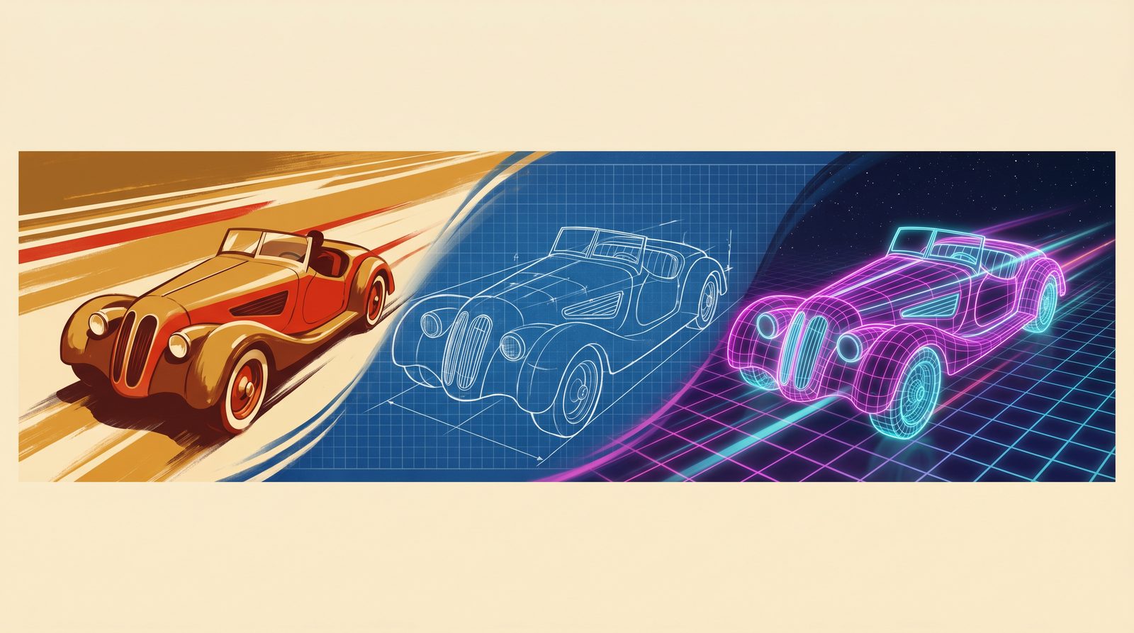 One car rendered in three Paint Shop styles - vintage racing poster, engineering blueprint and neon night drive