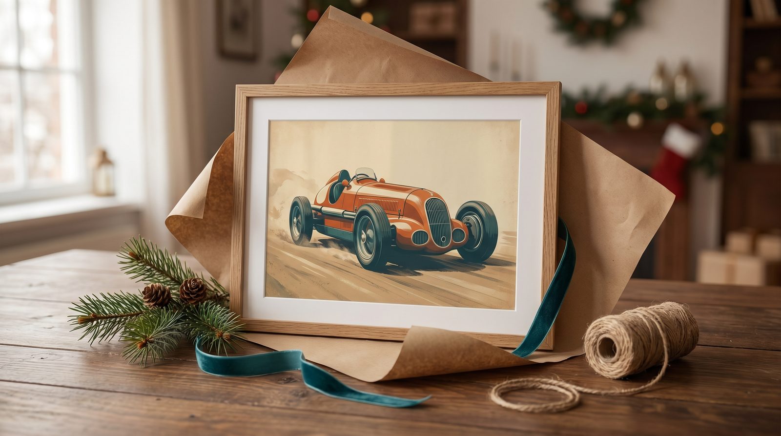 An oak-framed original vintage car art print unwrapped from kraft paper and teal ribbon on a warm table, a festive gift for a car lover