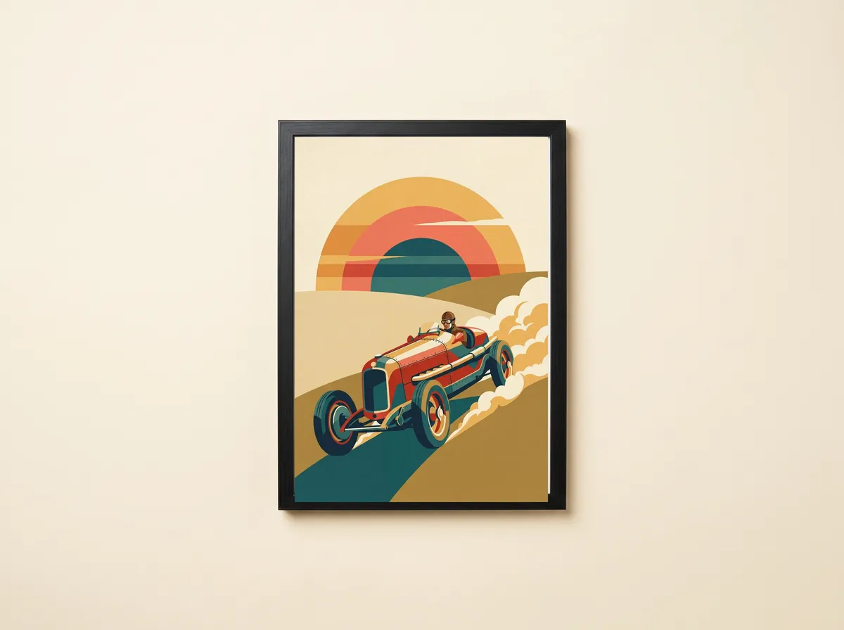 Apex at Dawn in a black frame: a red vintage racer kicks up dust under a striped orange and teal sun.