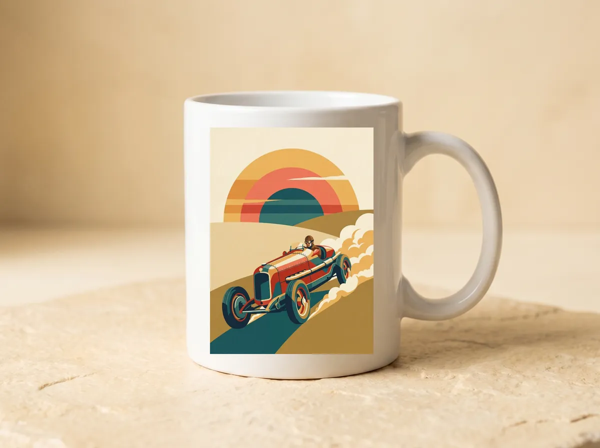 Apex at Dawn printed on a white mug, the sun, the hills and the red racer all in view.