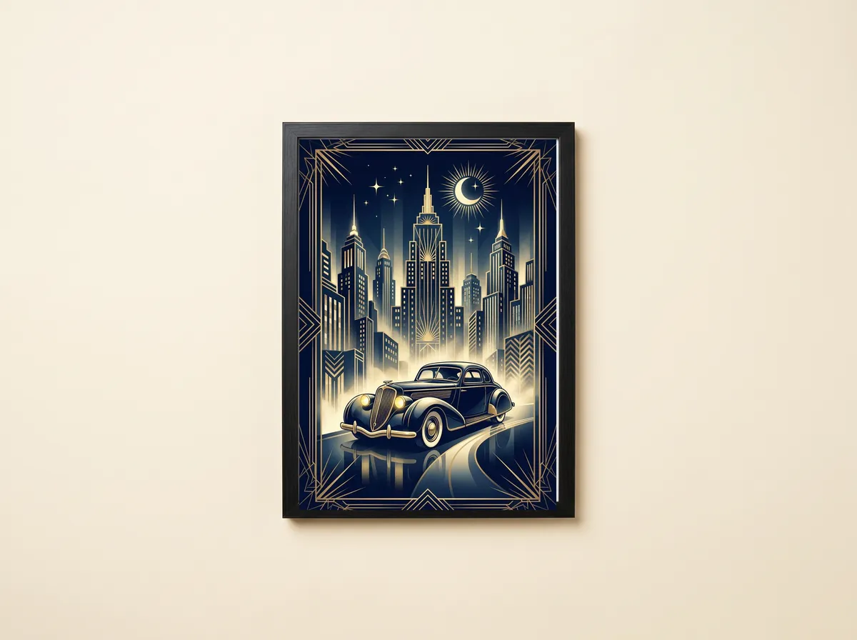 Deco Metropolis framed, a coupe under a stylised moon in midnight blue