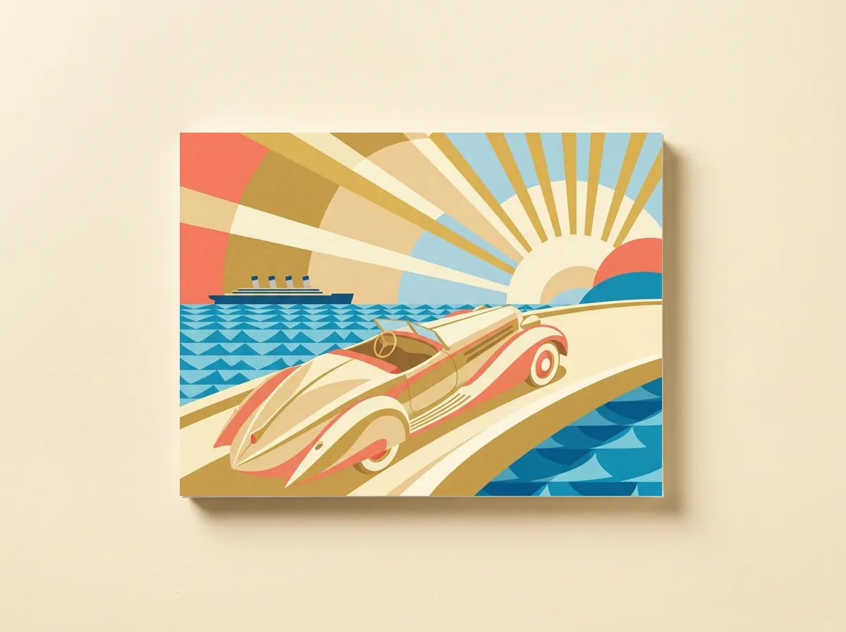 Deco Riviera on canvas, an open car on a coast road above a geometric sea