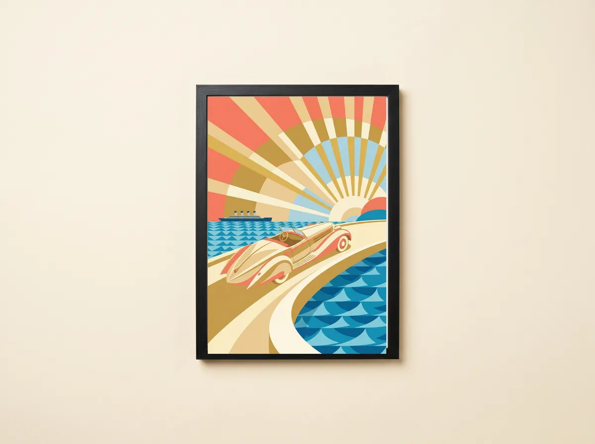 Deco Riviera on a wall, a roadster on the coast road above the sea