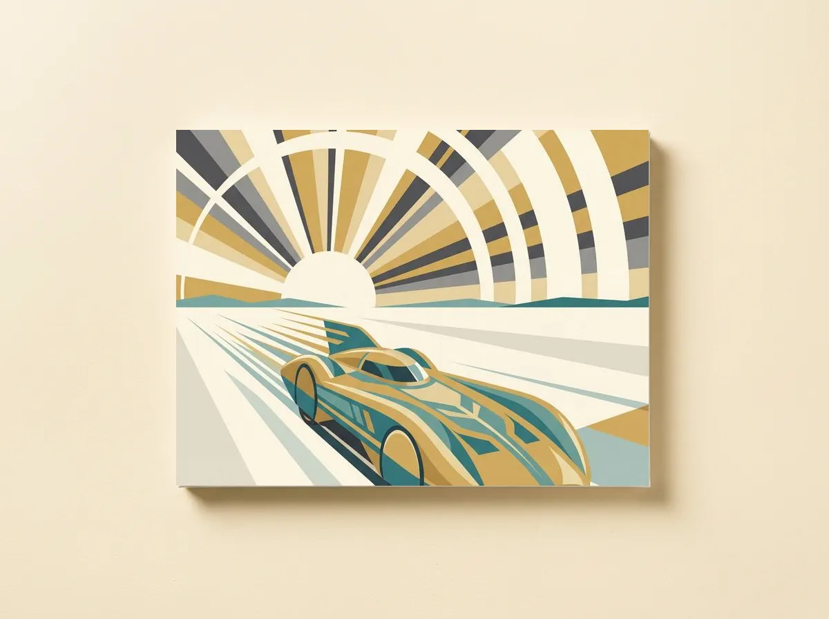 Speed Record on canvas, an Art Deco racer on salt flats under sun rays
