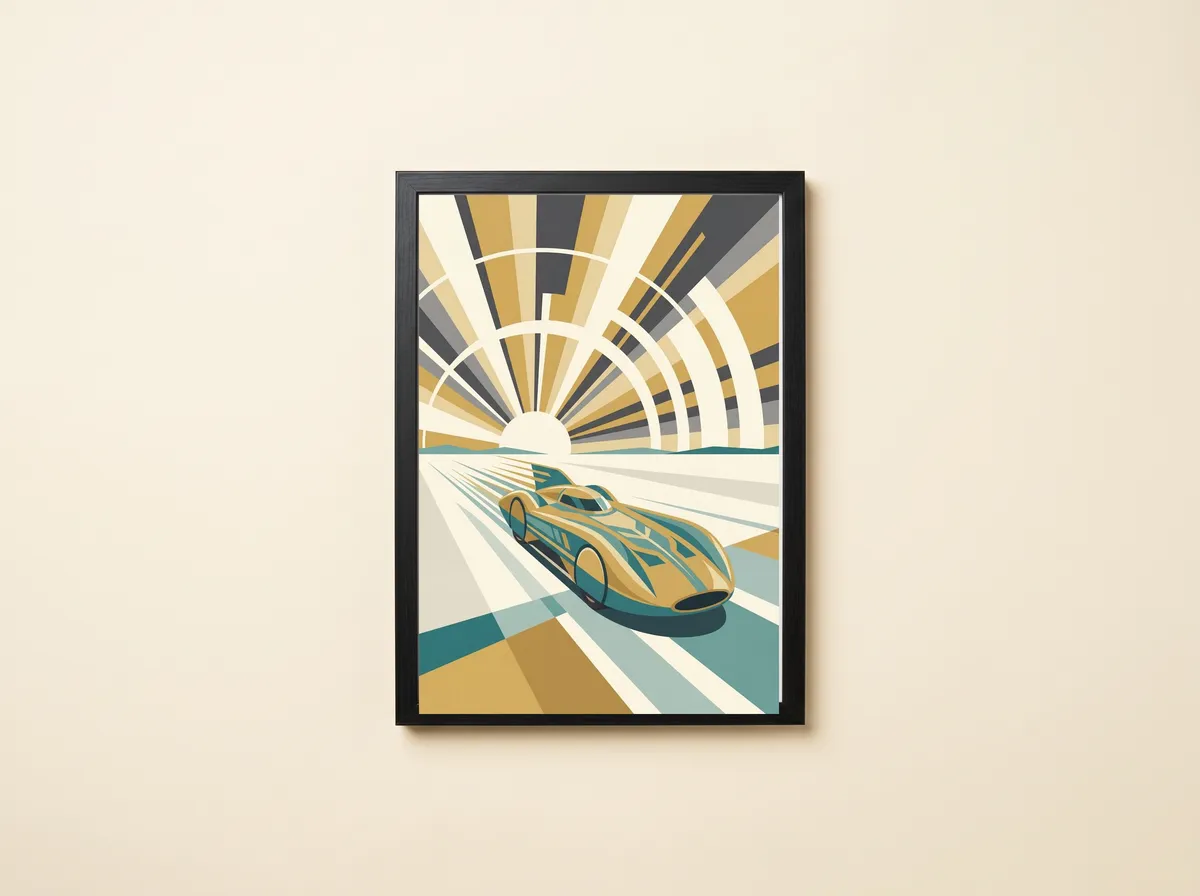 Speed Record framed, an Art Deco land-speed racer across salt flats
