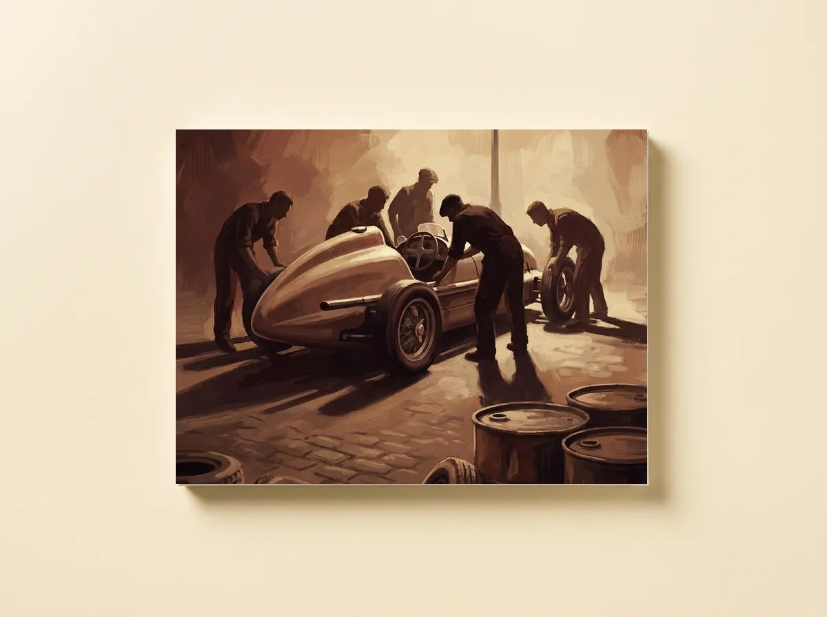 Pit Lane, 1955 on canvas, mechanics under lamplight