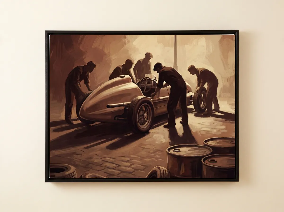 Pit Lane, 1955 on a black framed canvas, cropped to the mechanics and the long rounded racing car.