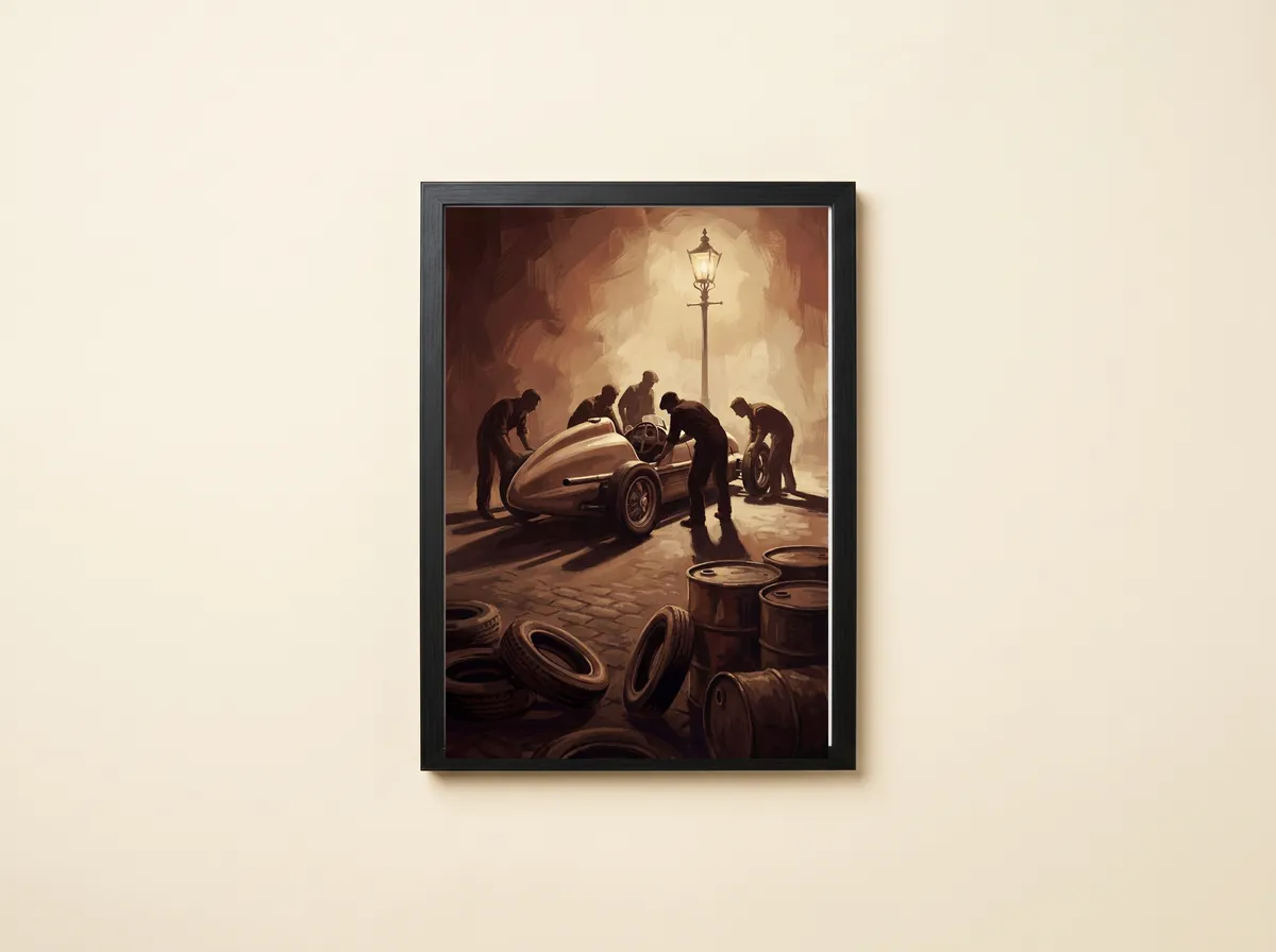 Pit Lane, 1955 framed, mechanics working under lamplight