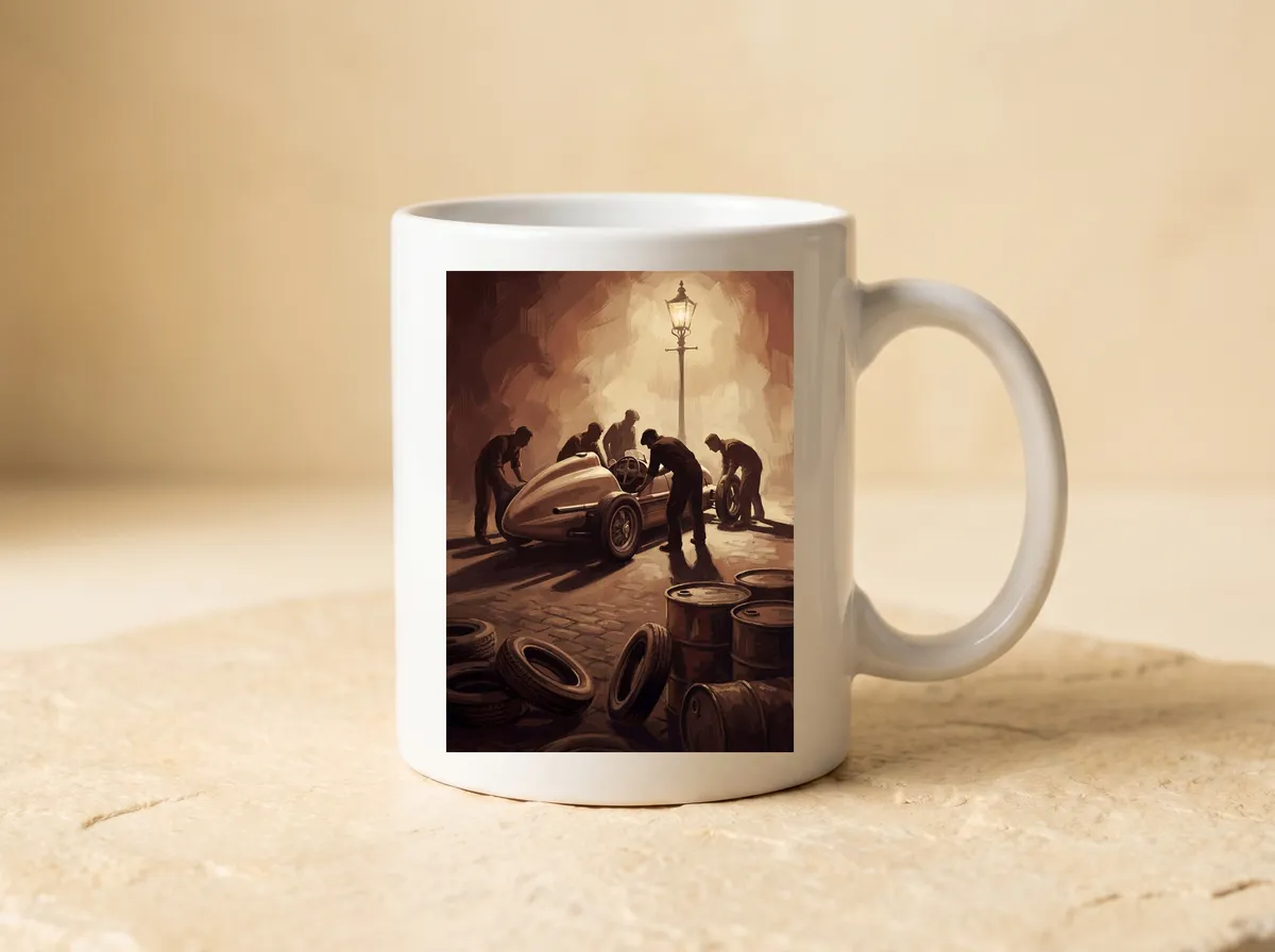 Pit Lane, 1955 printed on a white mug, the lamp, the team and the oil drums in warm browns.